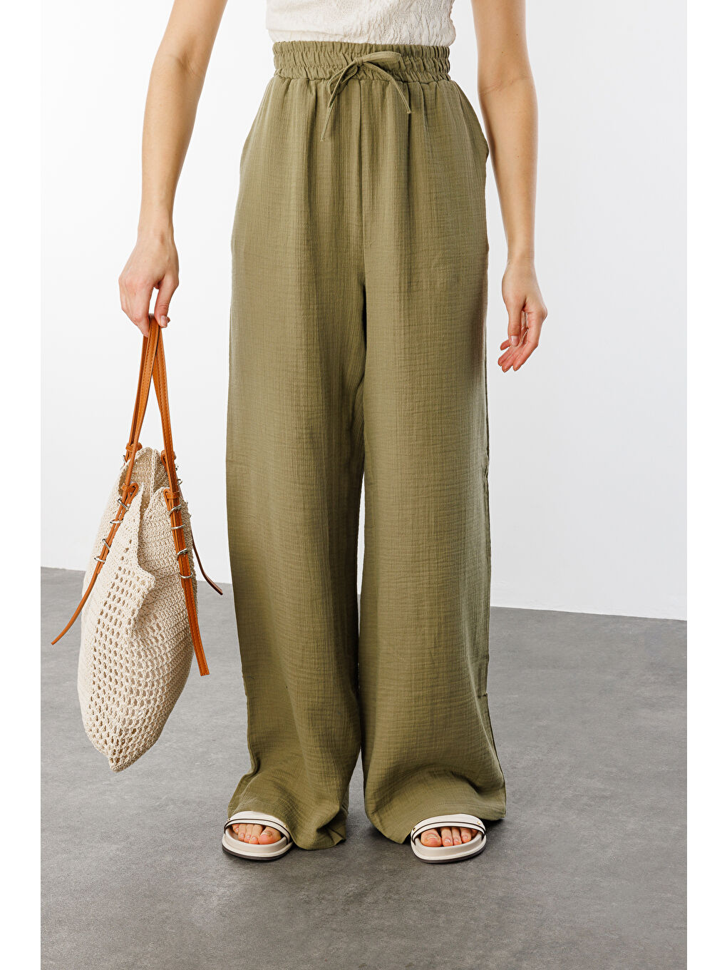 Haki Müslin Palazzo Kadın Pantolon MÜSLİN-PANTOLON-2