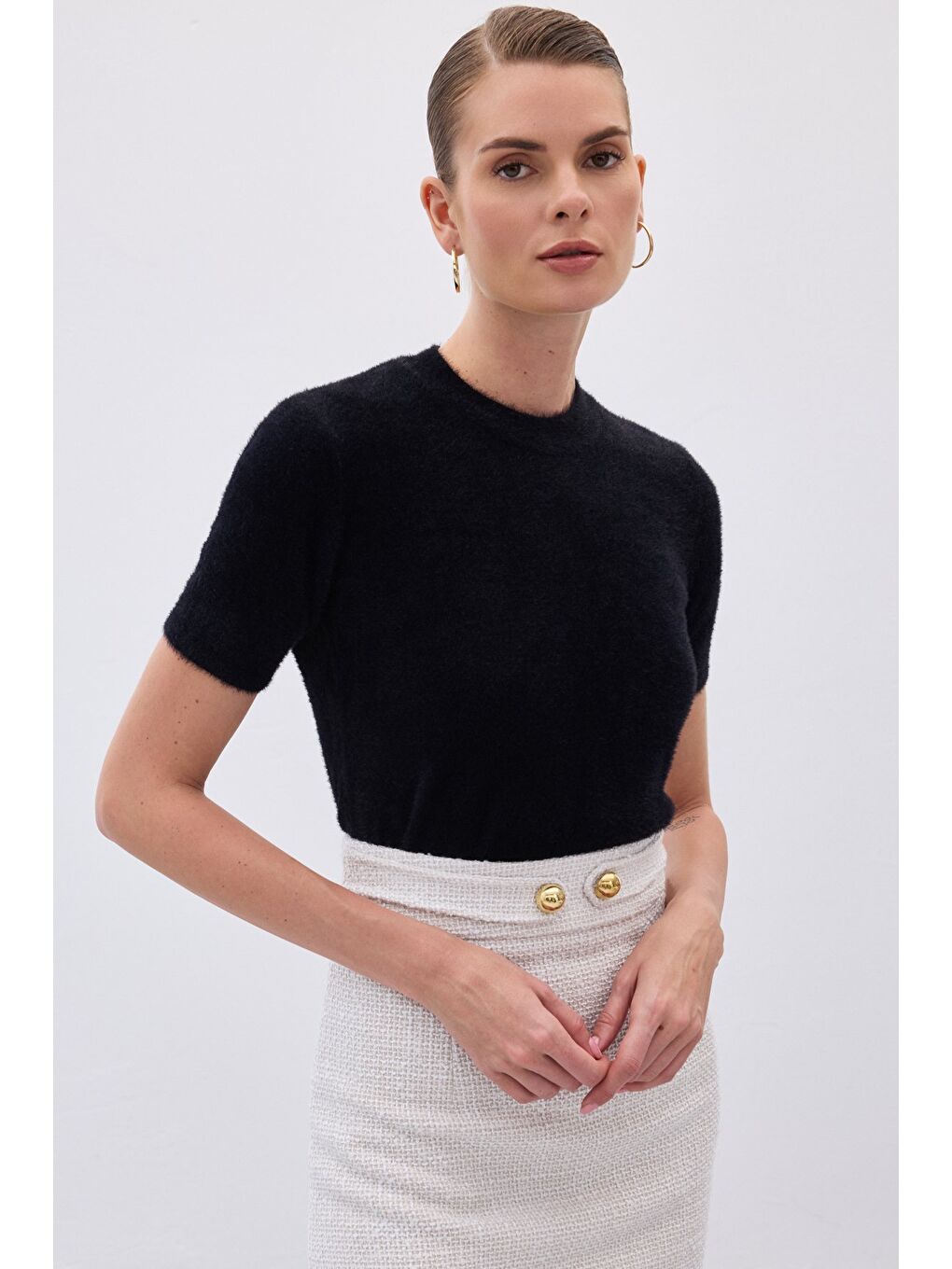 Sakallı Kısa Kol Triko - Siyah-4