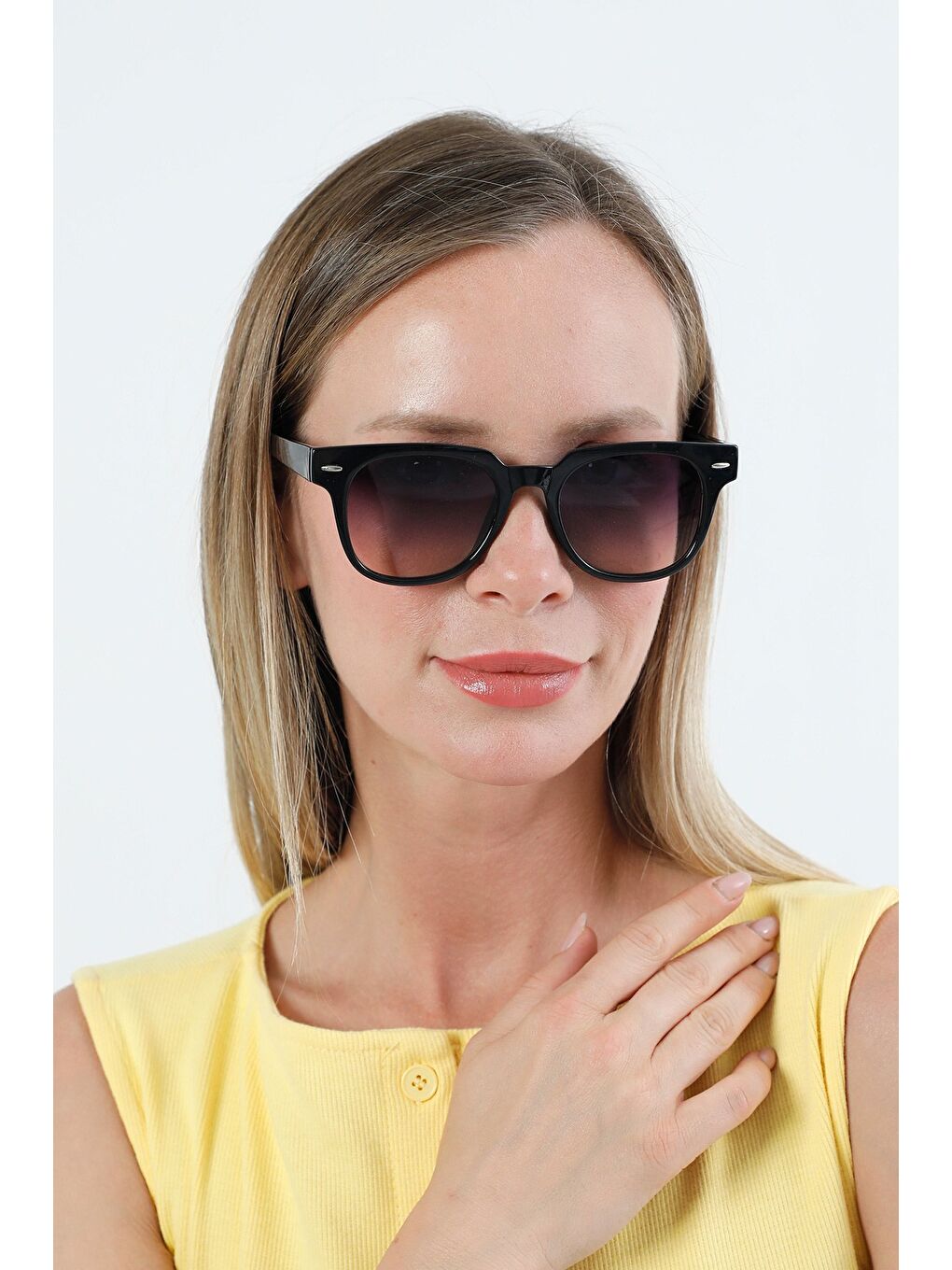 Sarı Metal Aksesuarlı Dikdörtgen Güneş Gözlüğü-1