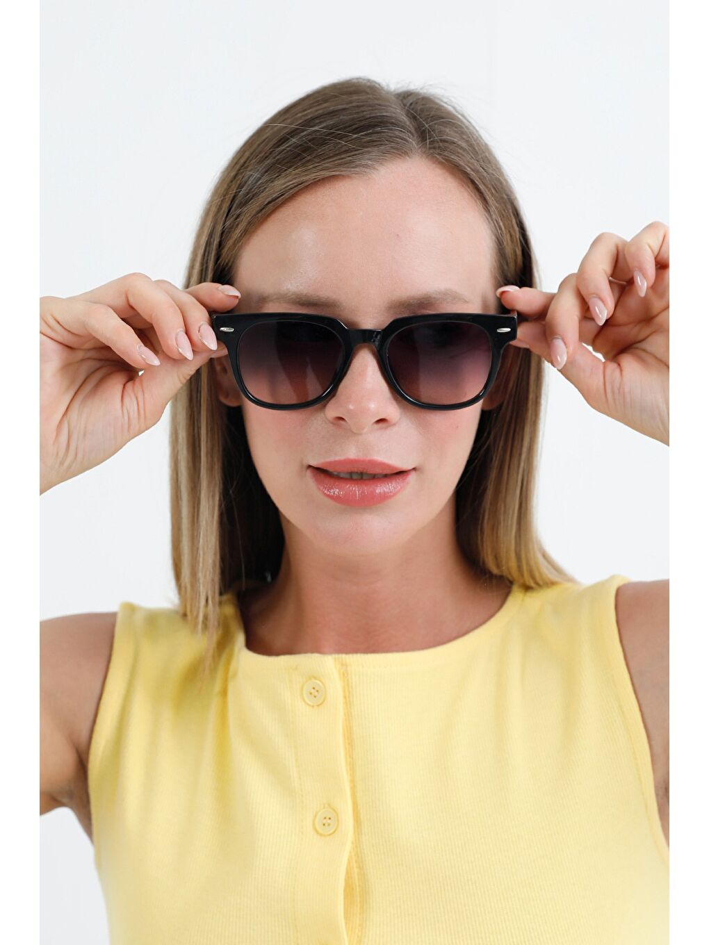 Sarı Metal Aksesuarlı Dikdörtgen Güneş Gözlüğü-2