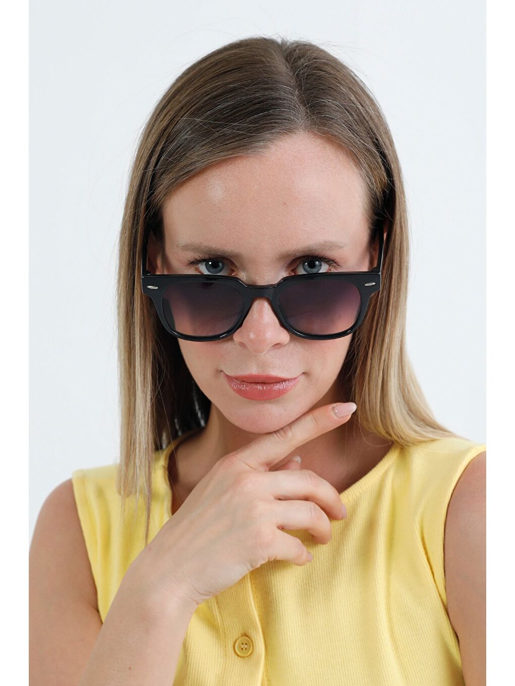 Sarı Metal Aksesuarlı Dikdörtgen Güneş Gözlüğü-3