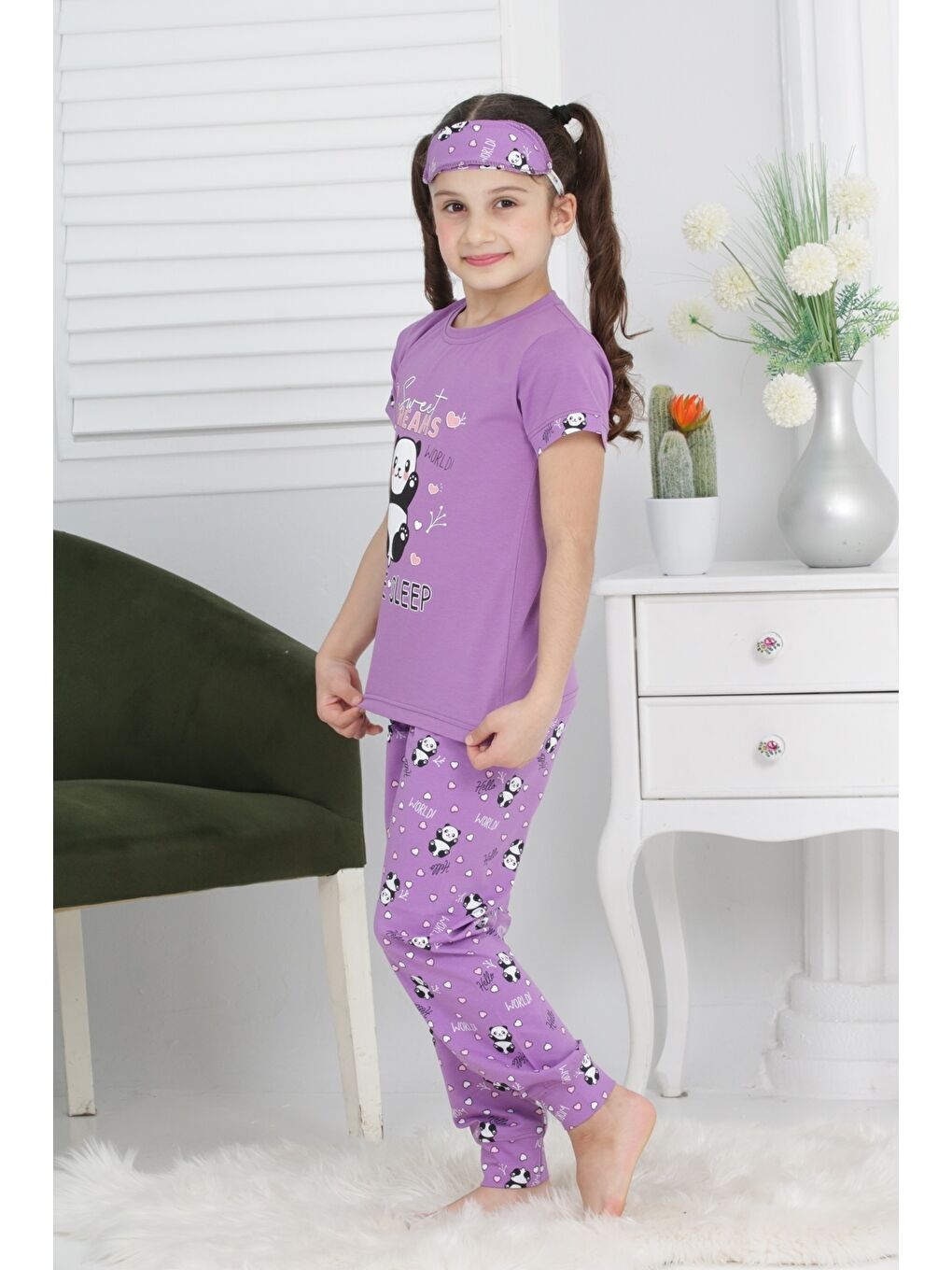 Kapi Kids Lila Kız Çocuk Uyku Bantlı-Pandalı Pijama Takımı Mnx 6063-64