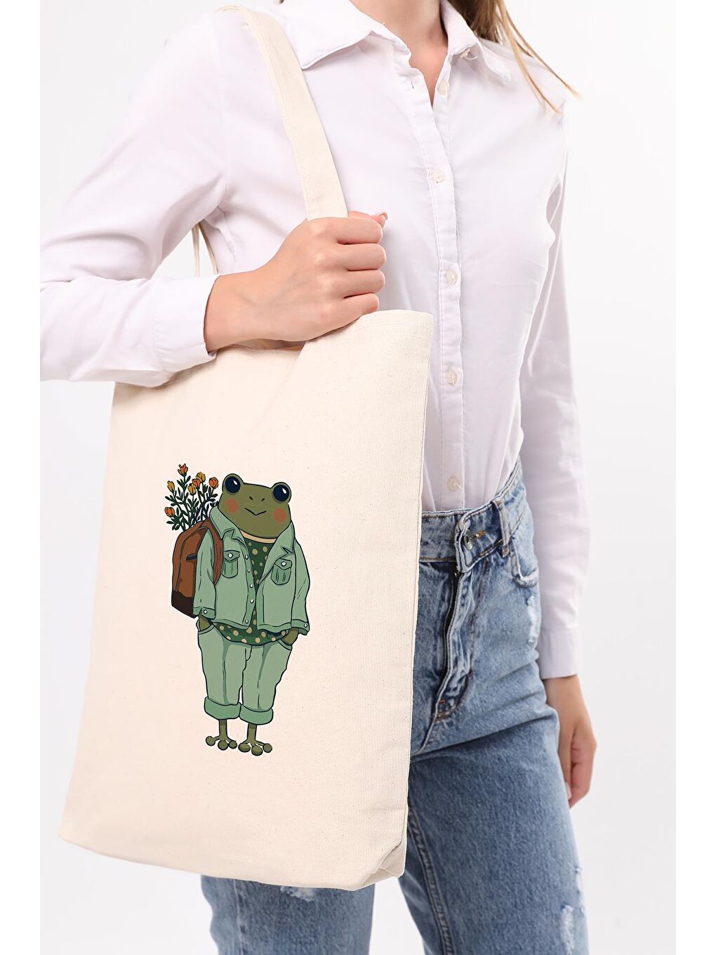 Bagg Krem Lady Frog Baskılı Kanvas Omuz Çantası