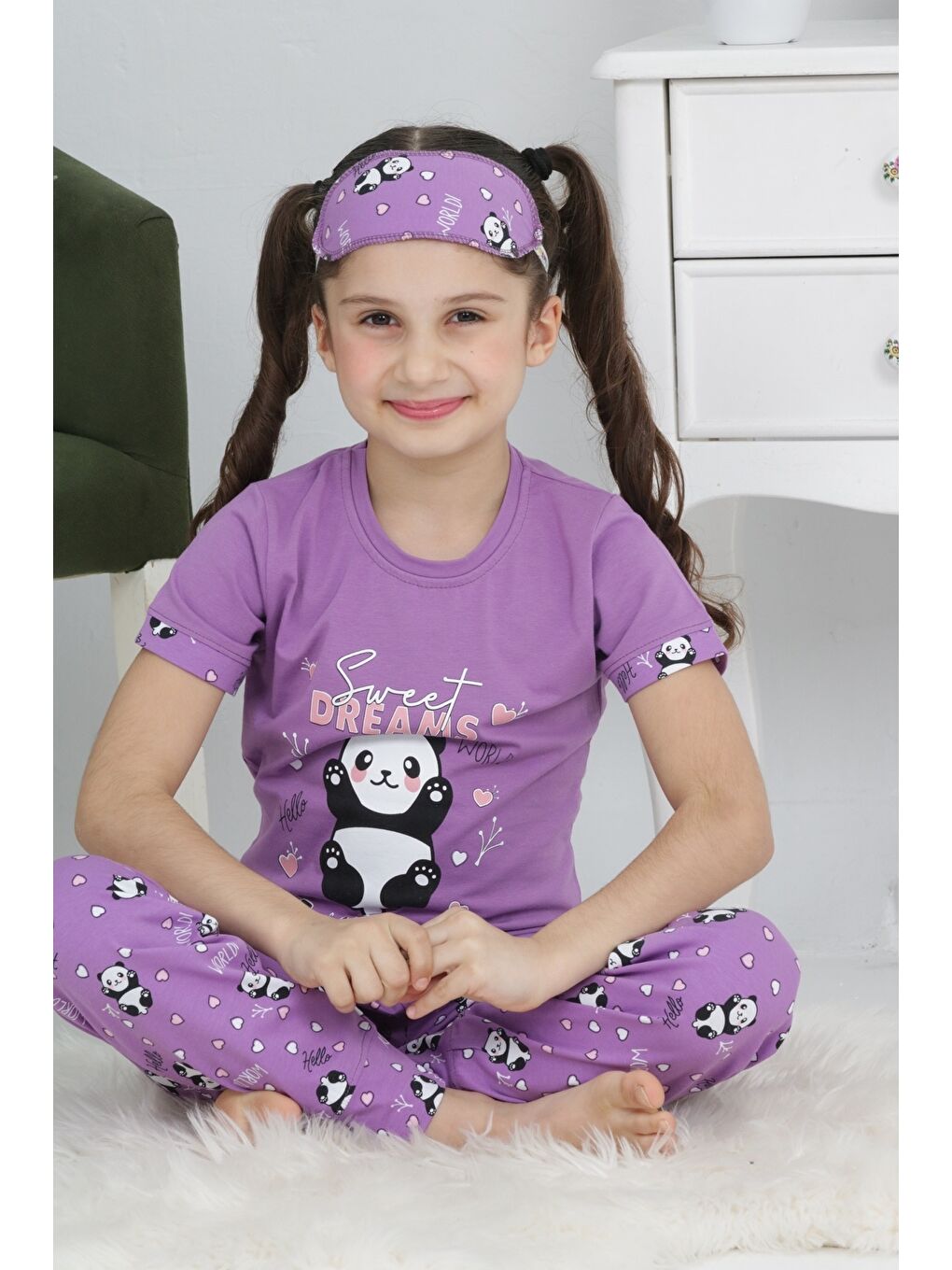 Kapi Kids Lila Kız Çocuk Uyku Bantlı-Pandalı Pijama Takımı Mnx 6063-64 - 1