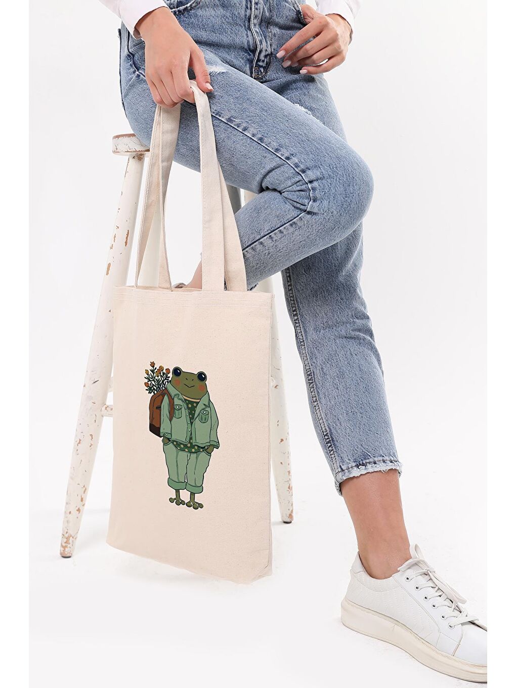 Bagg Krem Lady Frog Baskılı Kanvas Omuz Çantası - 1