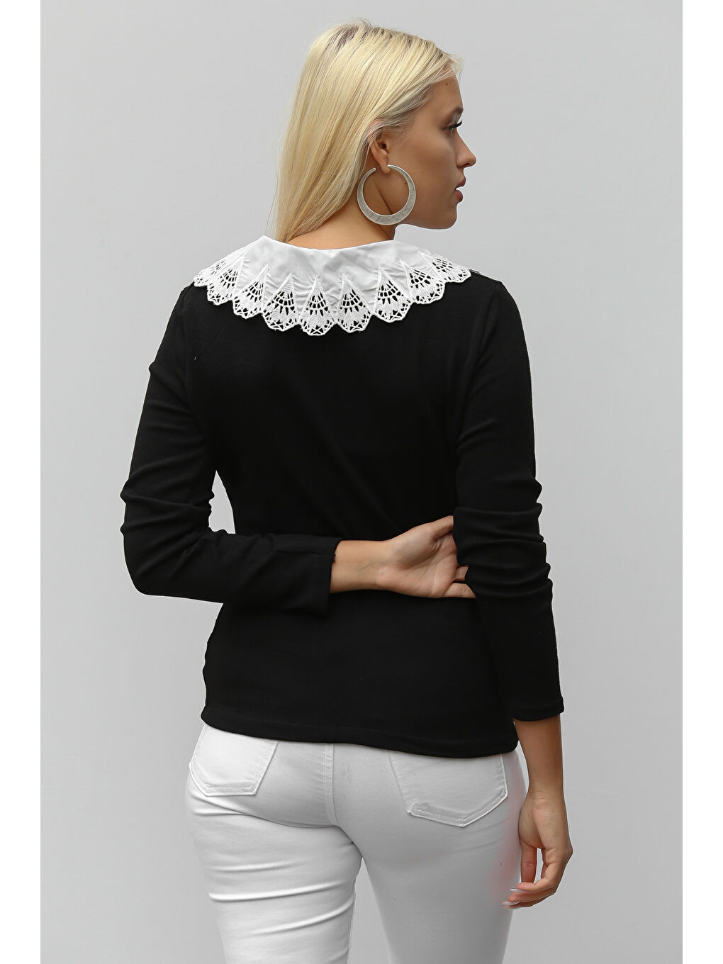 Kadın Siyah Uzun Kol Çiçekli Nakışlı Regular Standart Casual Akrilik Triko Kazak-7