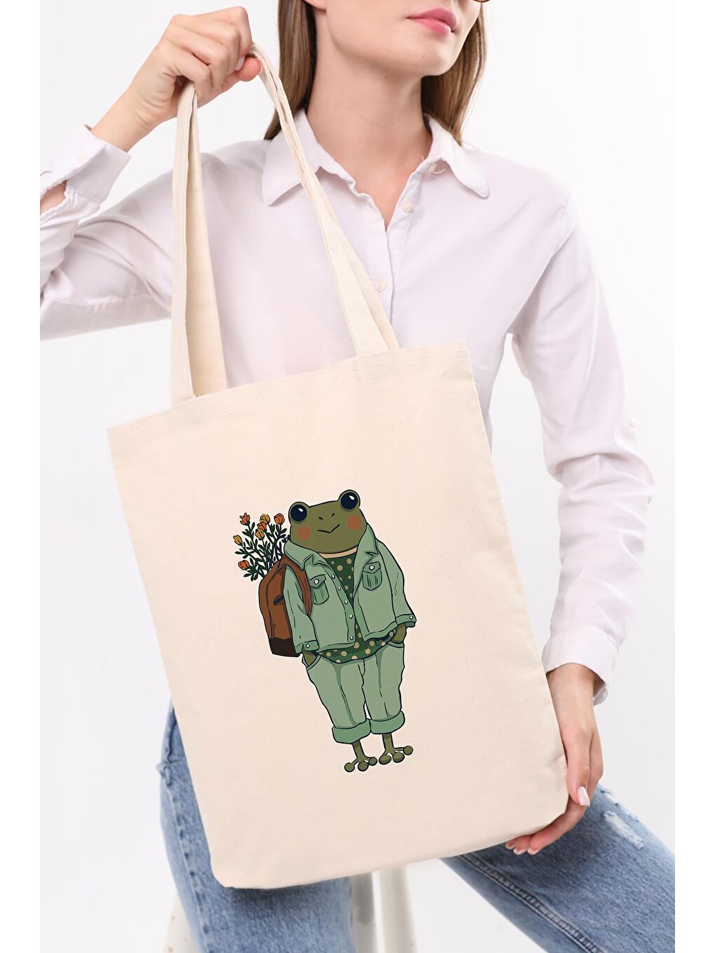 Bagg Krem Lady Frog Baskılı Kanvas Omuz Çantası - 2