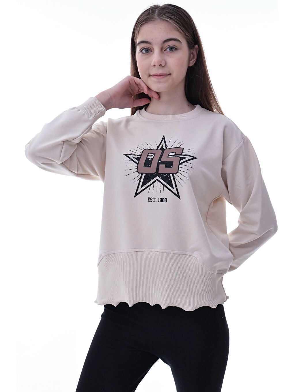 Bej Yıldız Baskılı Kız Çocuk Sweat 2010-1