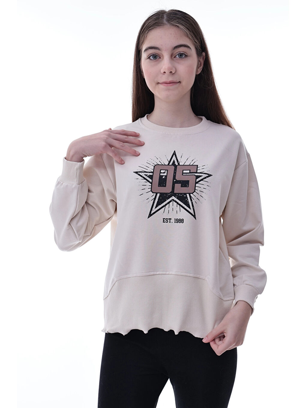 Bej Yıldız Baskılı Kız Çocuk Sweat 2010-2