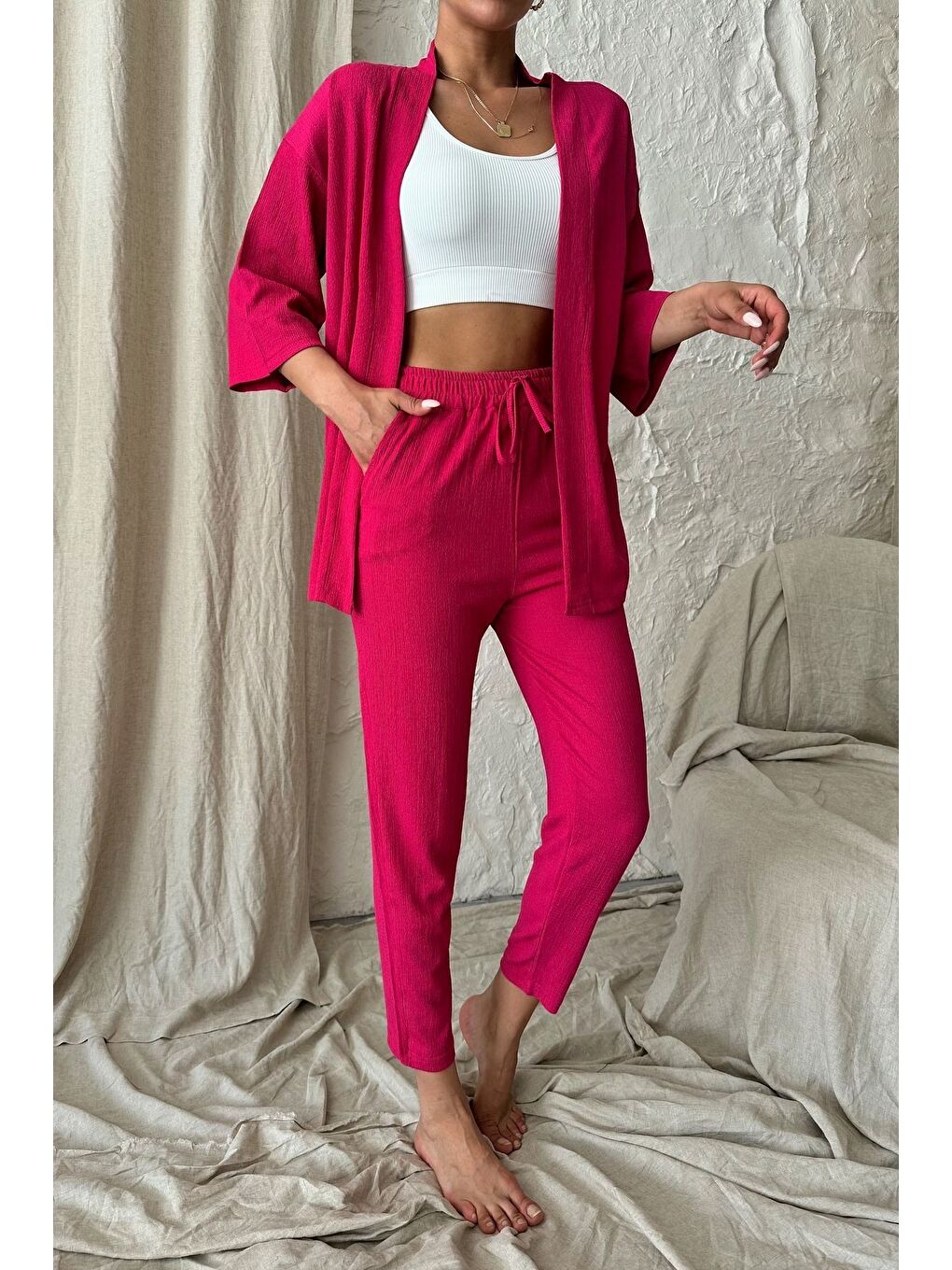 Kadın Fuşya Pembe Kimono Alt Üst Havuç Pantolon Takım-4