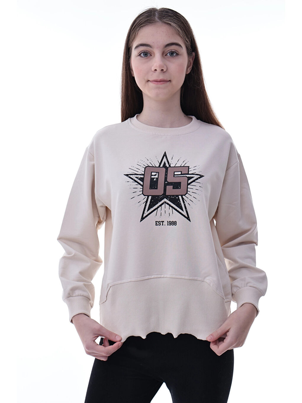 Bej Yıldız Baskılı Kız Çocuk Sweat 2010-3