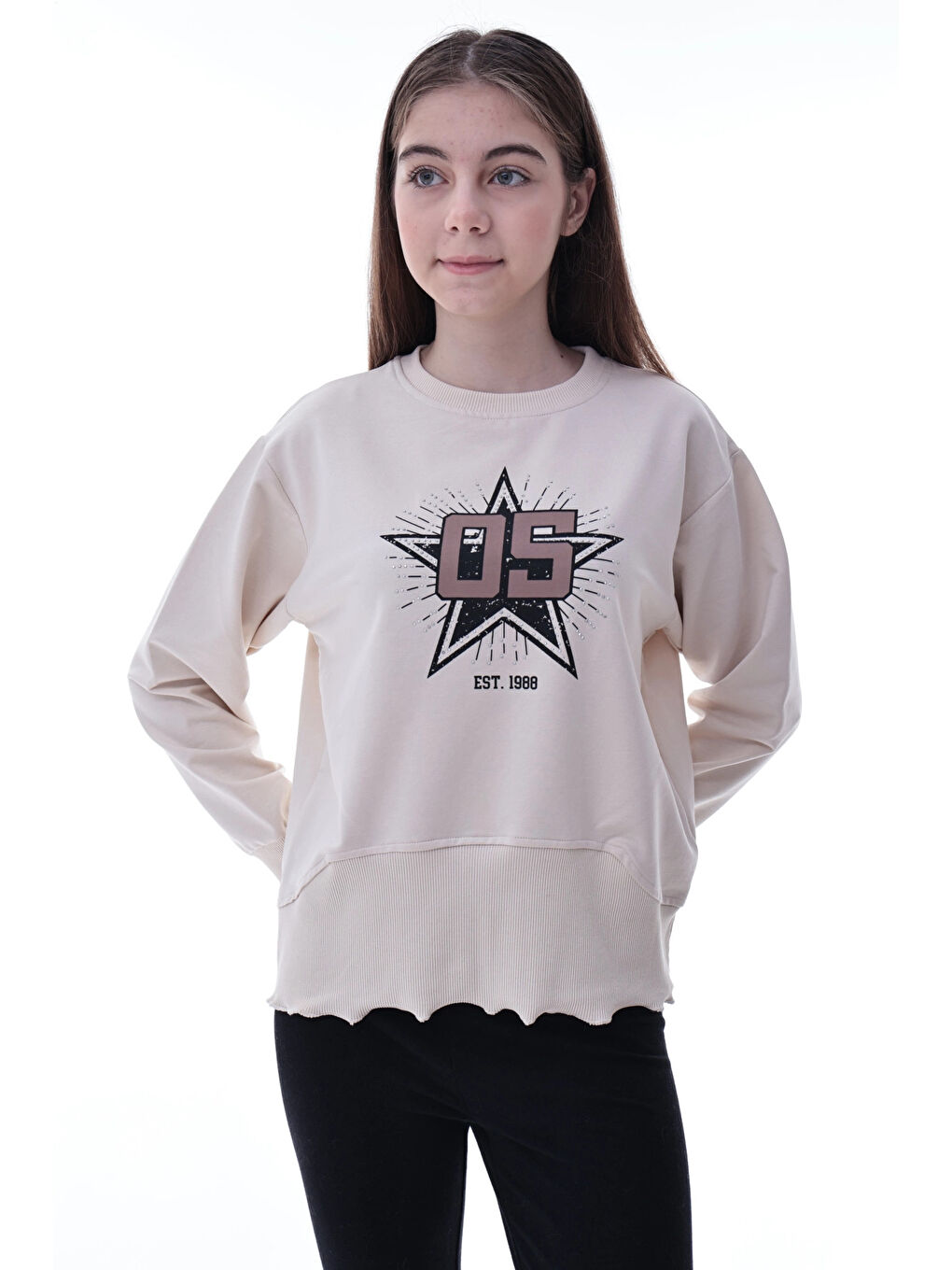 Bej Yıldız Baskılı Kız Çocuk Sweat 2010-4