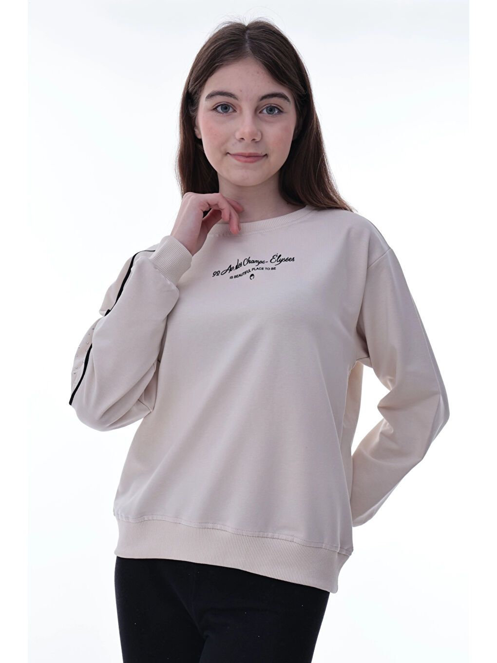 Bej Kolu Biyeli Baskılı Kız Çocuk Sweat 2012