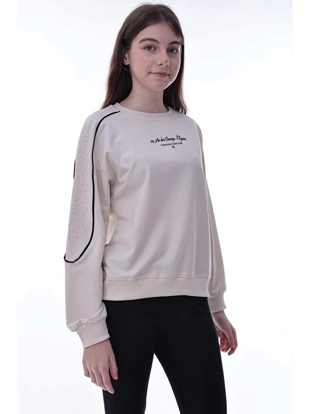 Bej Kolu Biyeli Baskılı Kız Çocuk Sweat 2012-1