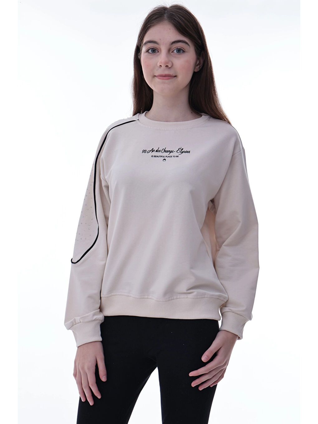 Bej Kolu Biyeli Baskılı Kız Çocuk Sweat 2012-3