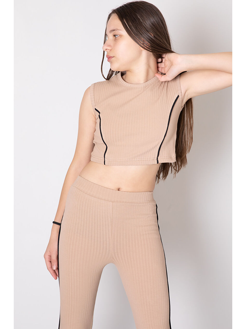 Koyu Bej Kız Çocuk Tatylı Croplu 2'li Takım 20246-1