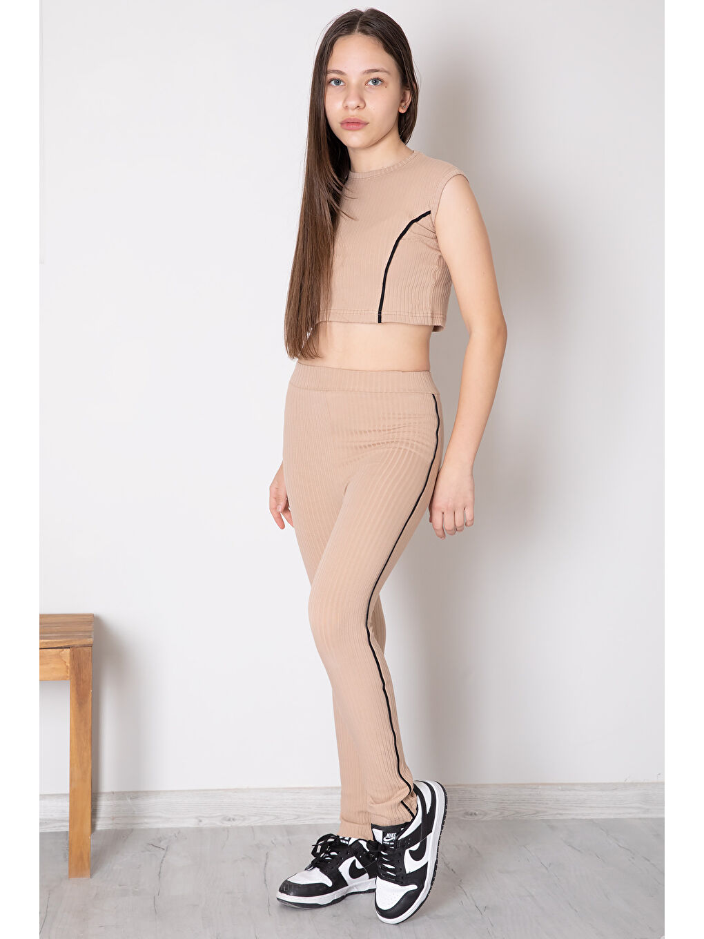 Koyu Bej Kız Çocuk Tatylı Croplu 2'li Takım 20246-3