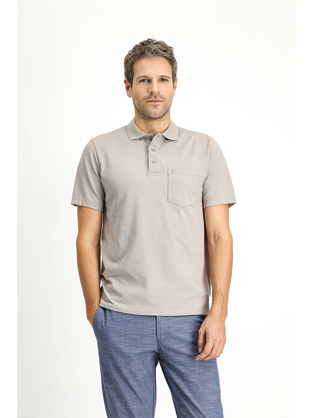 Bej Regular Fit Pamuklu Nakışlı Cepli Polo Yaka Büyük Beden Tişört