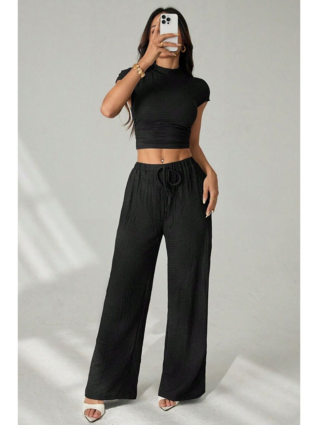 Siyah Kısa Kollu Beli Dar Büzgülü Bluz Pantolon Örme Bürümcük Takım-3