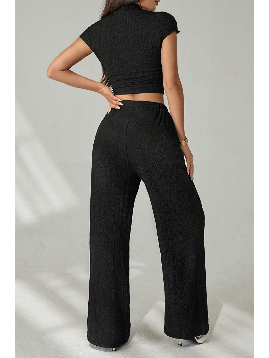 Siyah Kısa Kollu Beli Dar Büzgülü Bluz Pantolon Örme Bürümcük Takım-4