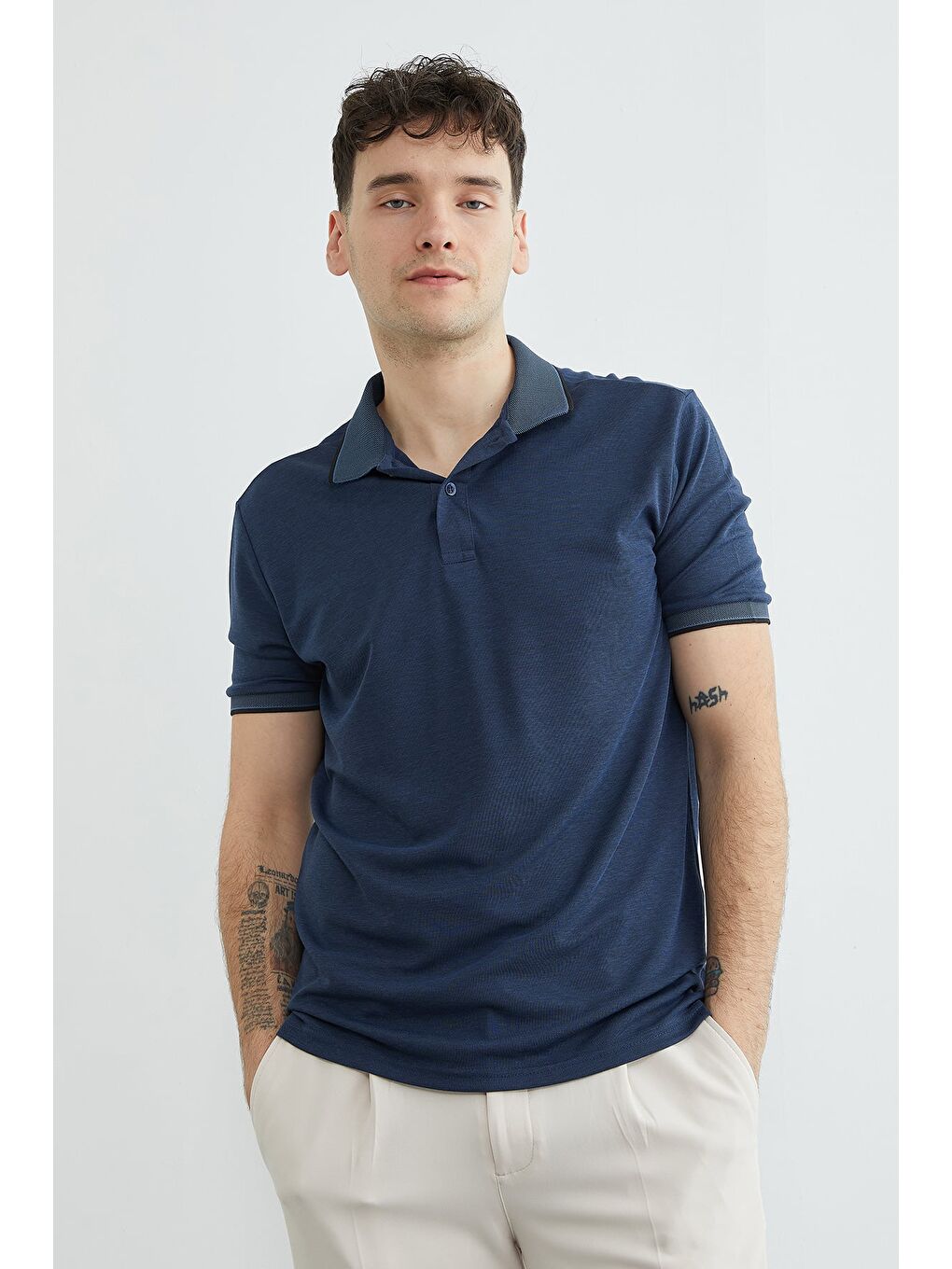 Lacivert Ribanalı Polo Yaka Tişört-2