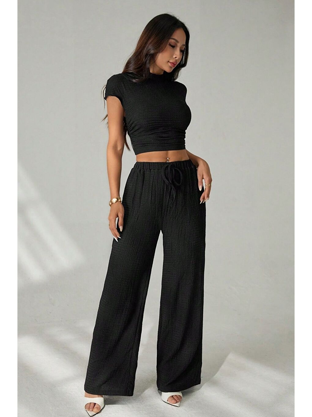 Siyah Kısa Kollu Beli Dar Büzgülü Bluz Pantolon Örme Bürümcük Takım-5