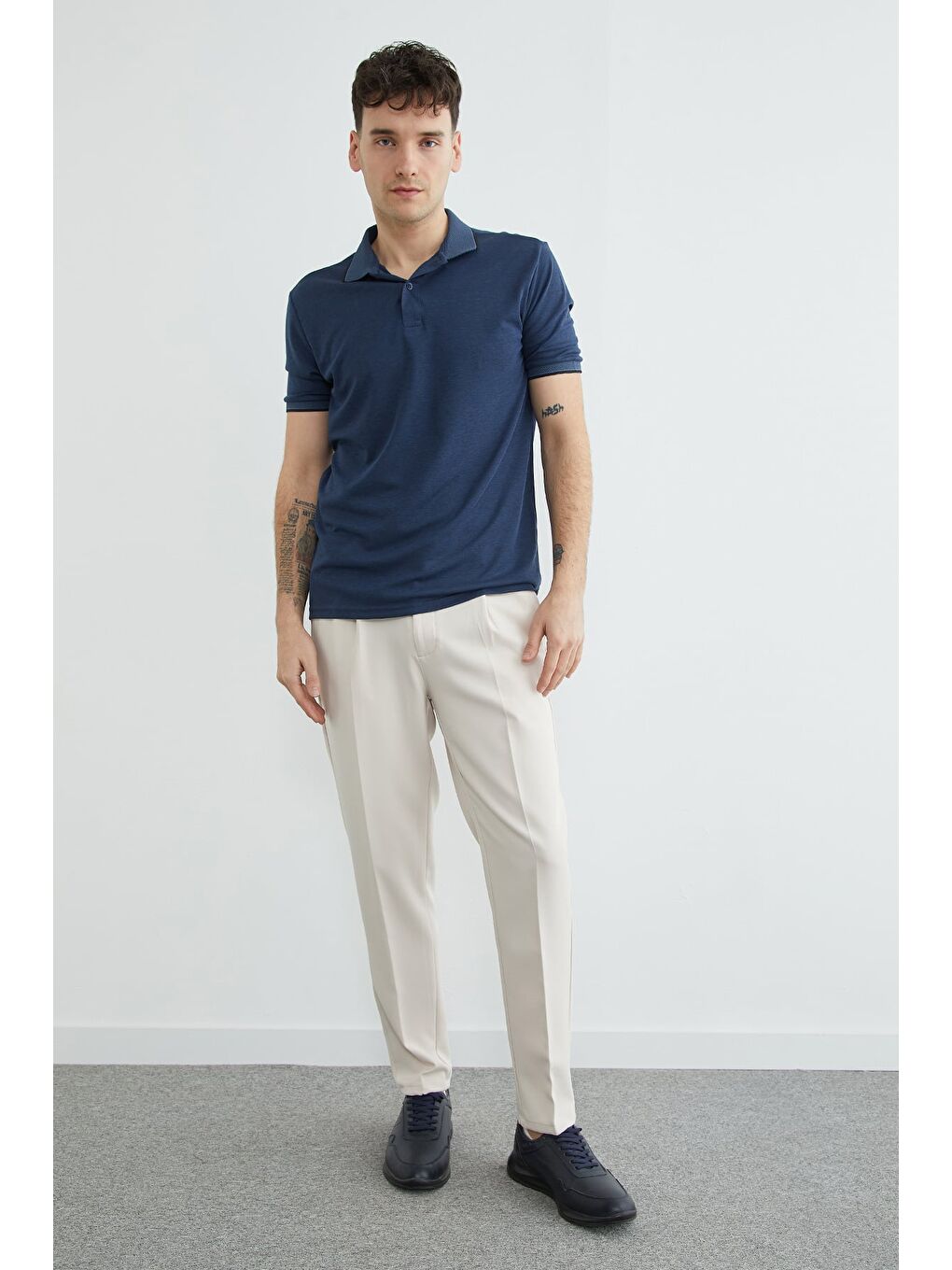 Lacivert Ribanalı Polo Yaka Tişört-4