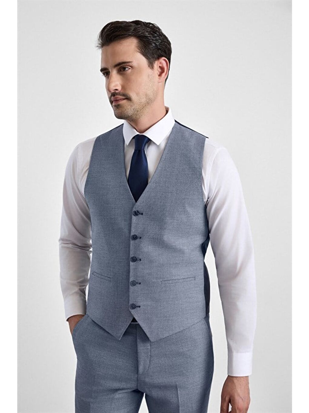 Parlament Mavi Slim Mono Yaka 6 Drop Yelekli Takım Elbise-6