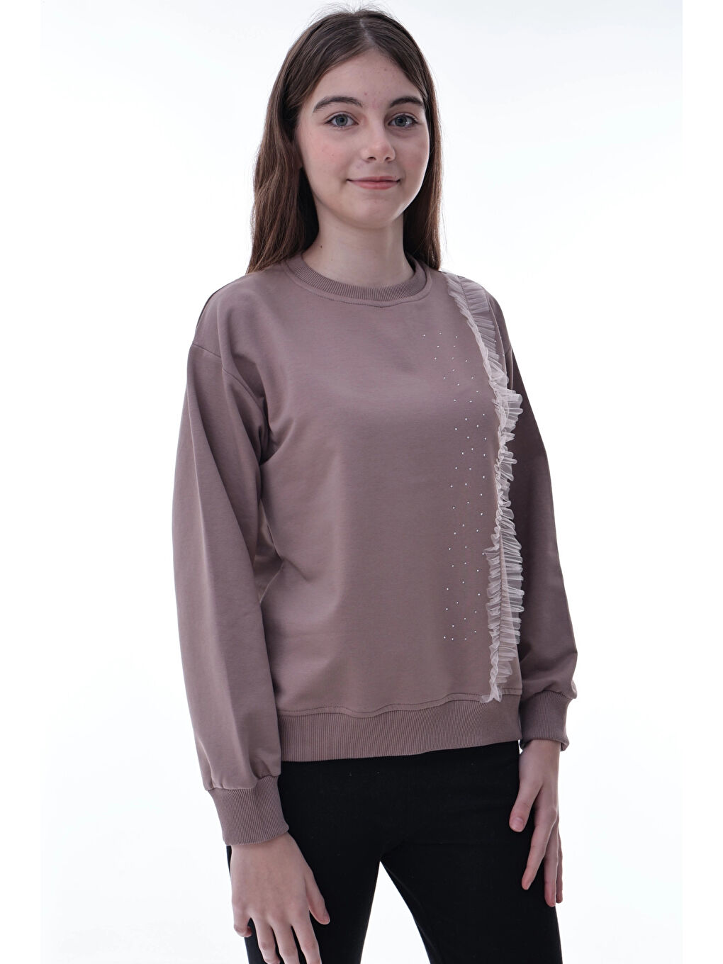 Kahverengi Taş Detaylı Kız Çocuk Sweat 2011-1