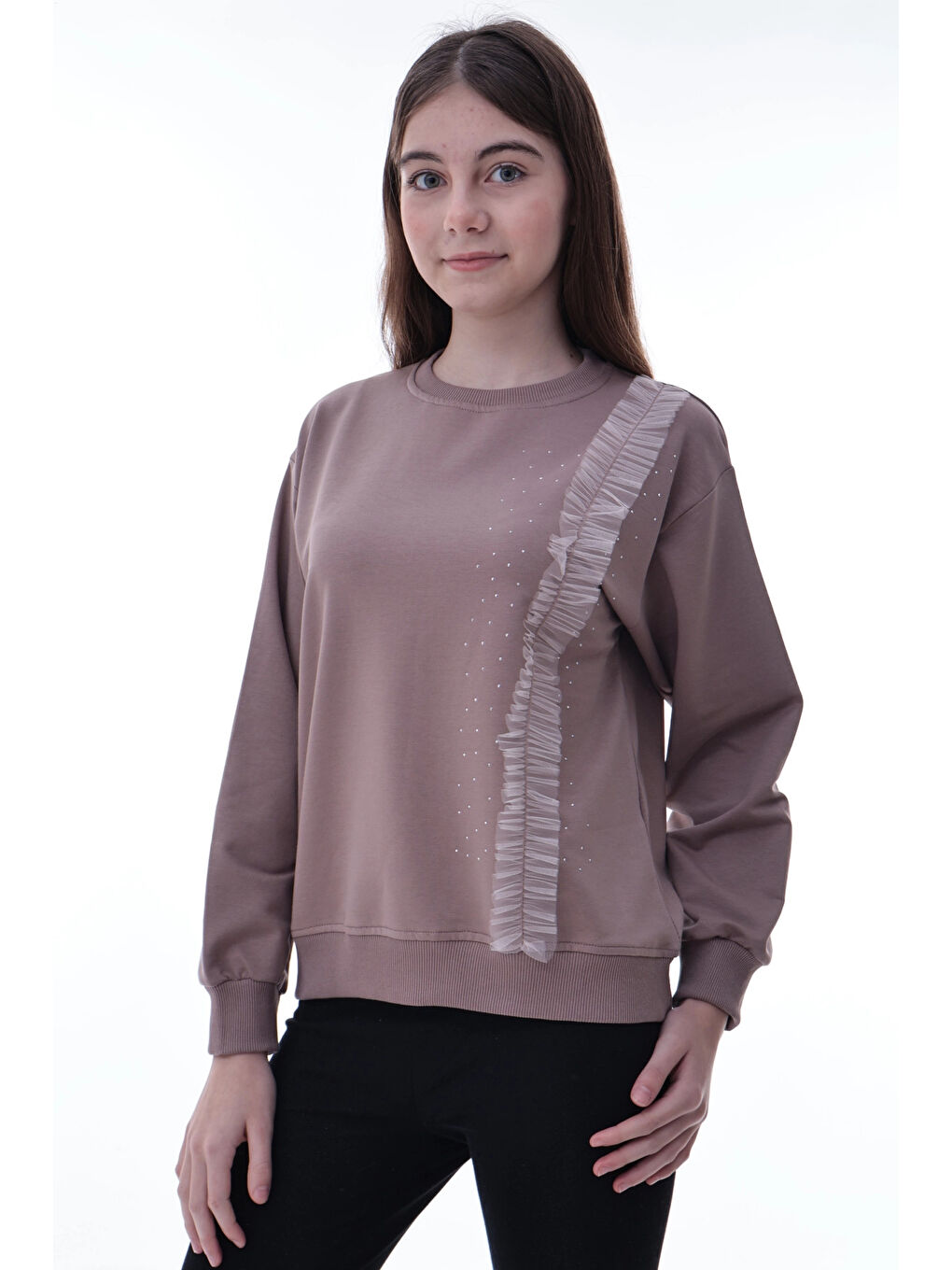 Kahverengi Taş Detaylı Kız Çocuk Sweat 2011-4