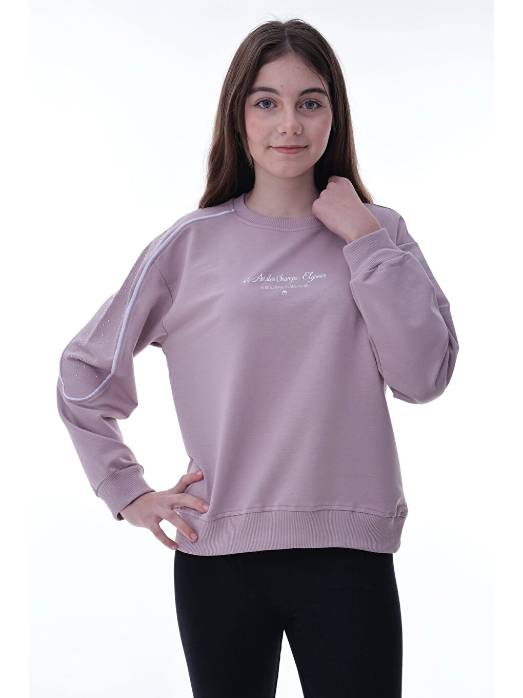 Pembe Kolu Biyeli Baskılı Kız Çocuk Sweat 2012-1