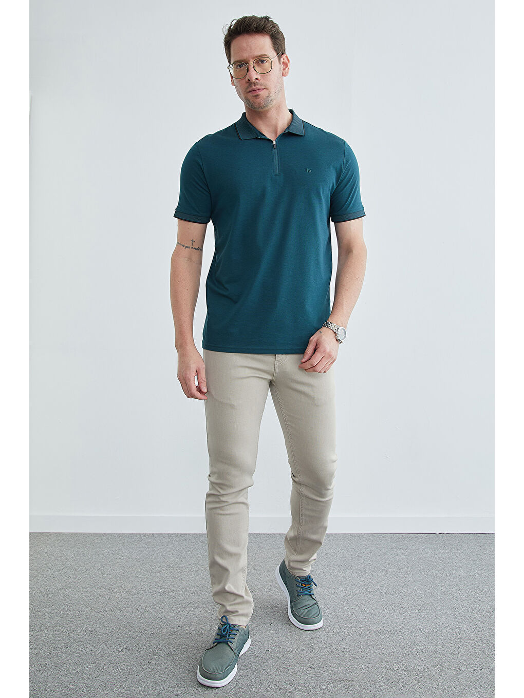 Petrol Yarım Fermuarlı Polo Yaka Tişört-1