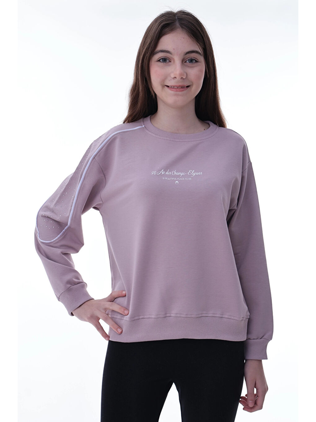 Pembe Kolu Biyeli Baskılı Kız Çocuk Sweat 2012-2