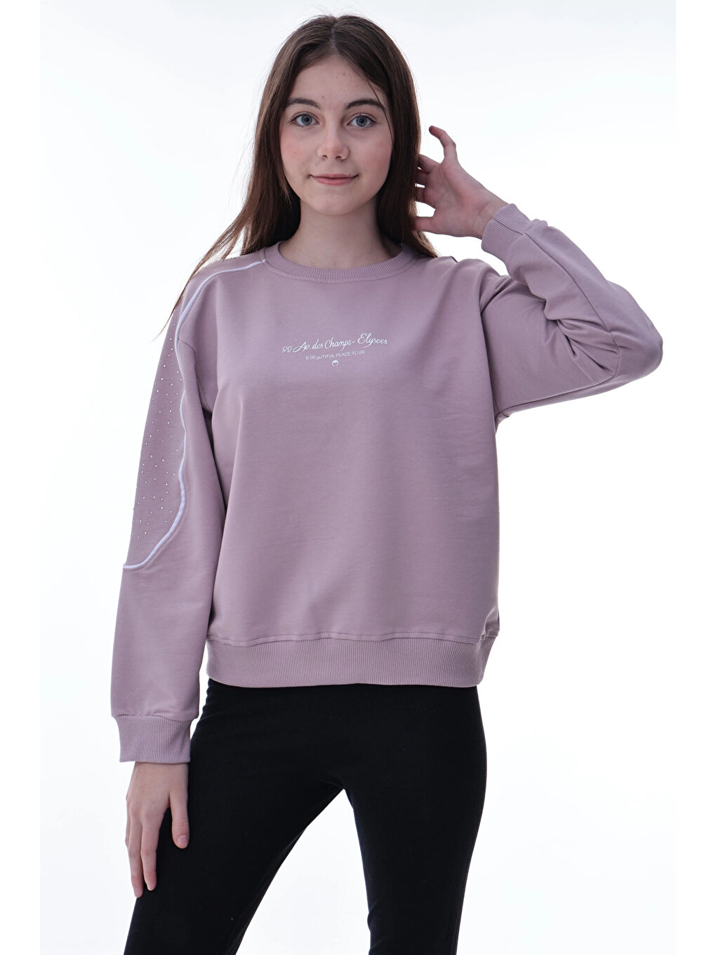 Pembe Kolu Biyeli Baskılı Kız Çocuk Sweat 2012-3