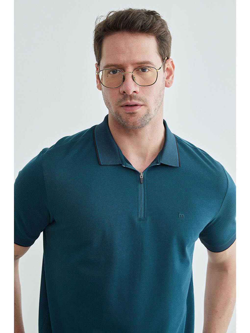 Petrol Yarım Fermuarlı Polo Yaka Tişört-2