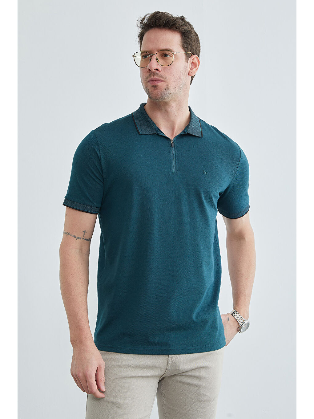 Petrol Yarım Fermuarlı Polo Yaka Tişört-3