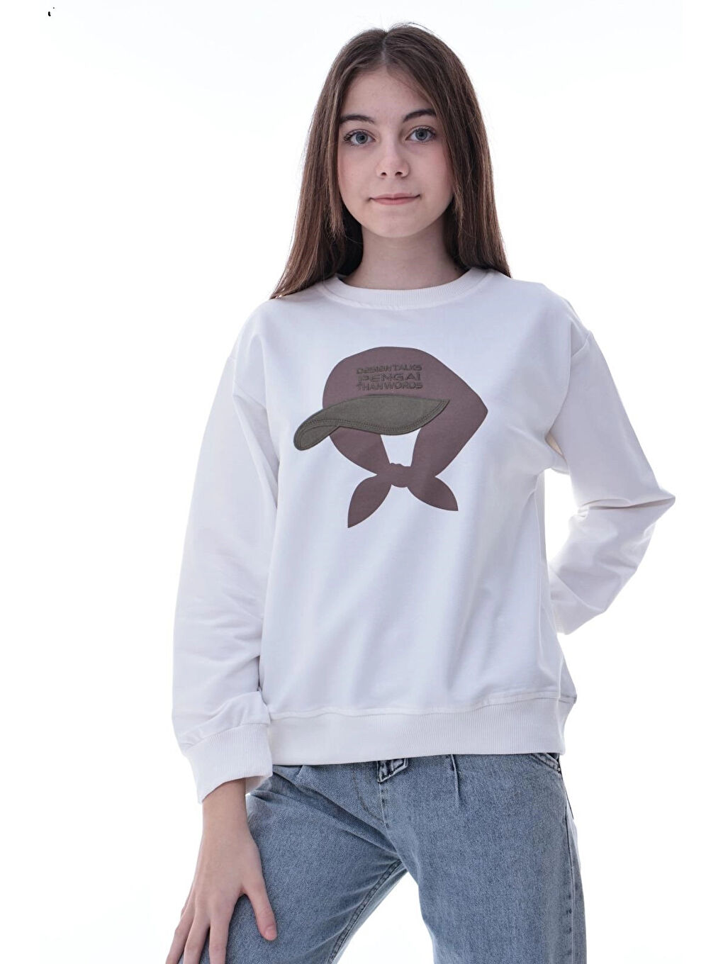 Ekru Şapka Baskılı Kız Çocuk Sweat 2049-1