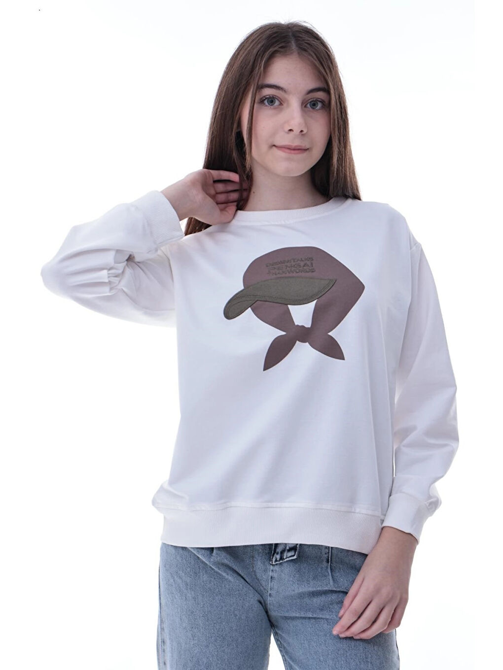 Ekru Şapka Baskılı Kız Çocuk Sweat 2049-2