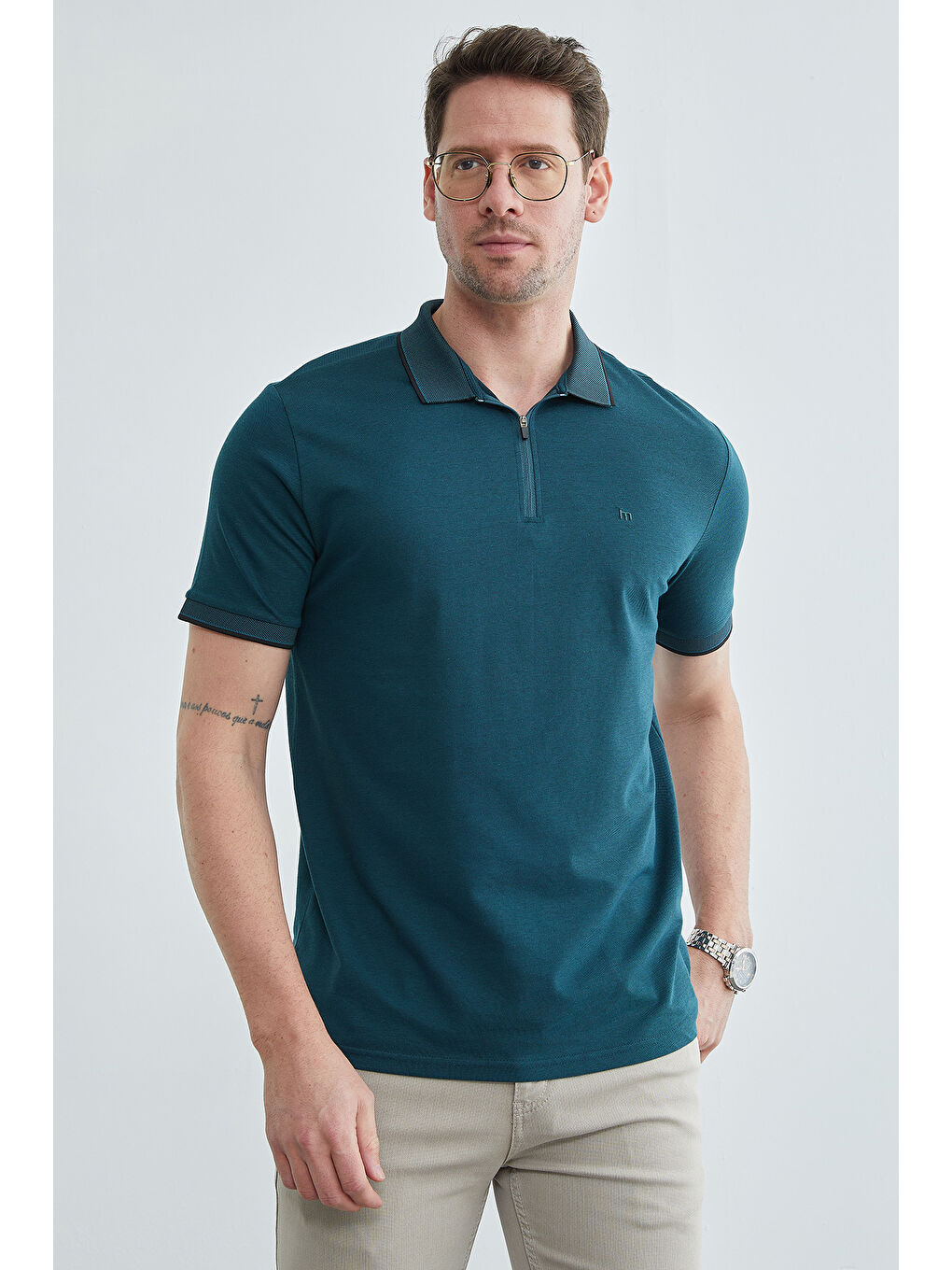Petrol Yarım Fermuarlı Polo Yaka Tişört-4