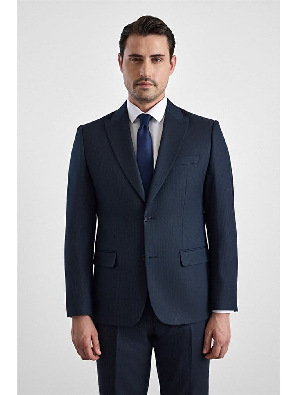 Lacivert Slim Sivri Yaka Kazayağı Armürlü Kapaklı Cep Standart 6 Drop Takım Elbise-1