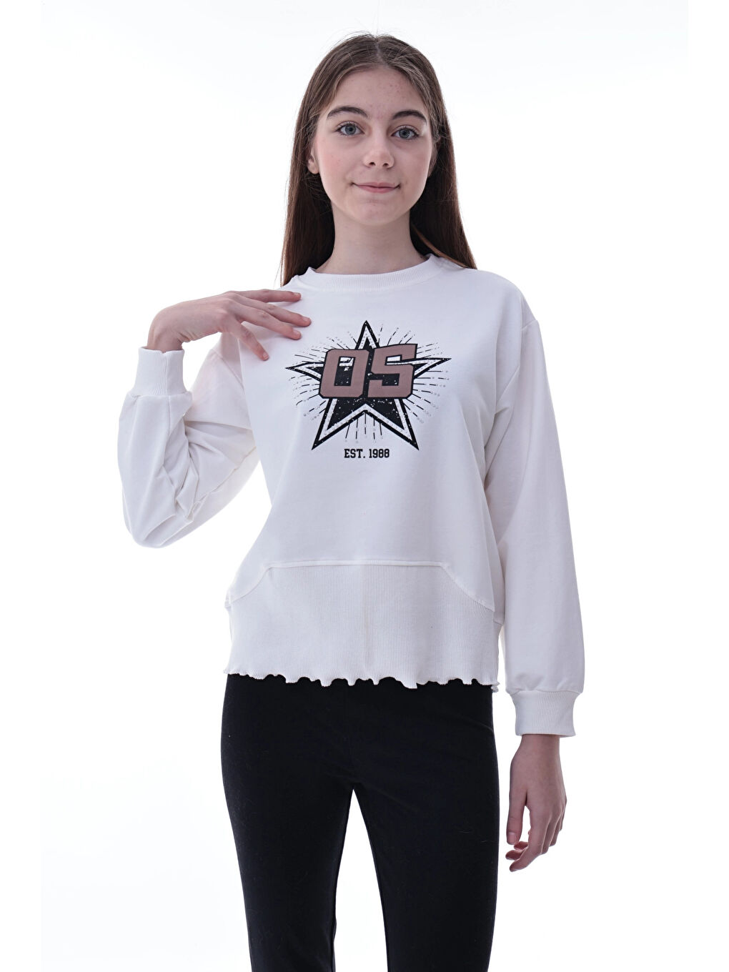 Ekru Yıldız Baskılı Kız Çocuk Sweat 2010-1