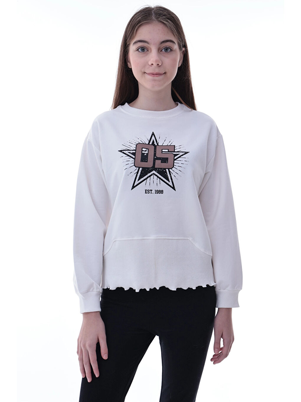 Ekru Yıldız Baskılı Kız Çocuk Sweat 2010-3