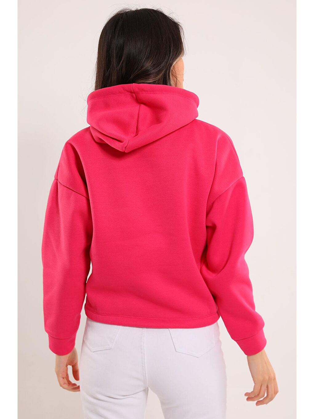 Julude Fuşya Kadın Kapüşonlu Ön Baskılı Şardonlu Crop Sweatshirt - 6