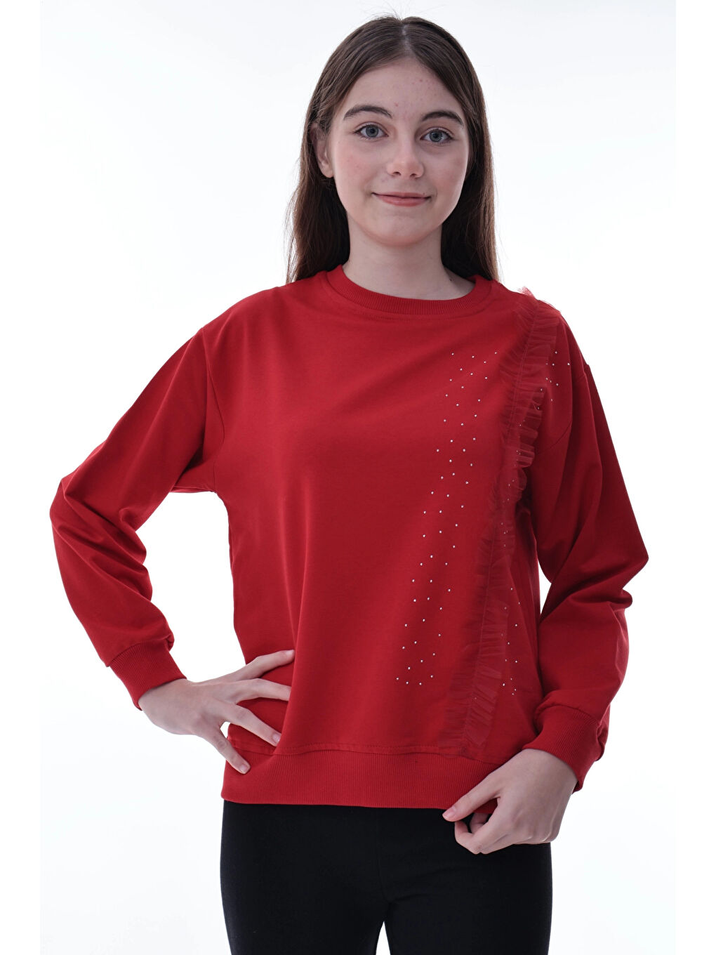 Kırmızı Taş Detaylı Kız Çocuk Sweat 2011-1