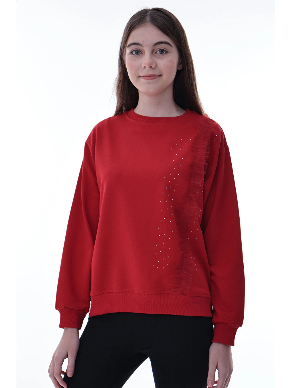 Kırmızı Taş Detaylı Kız Çocuk Sweat 2011-3