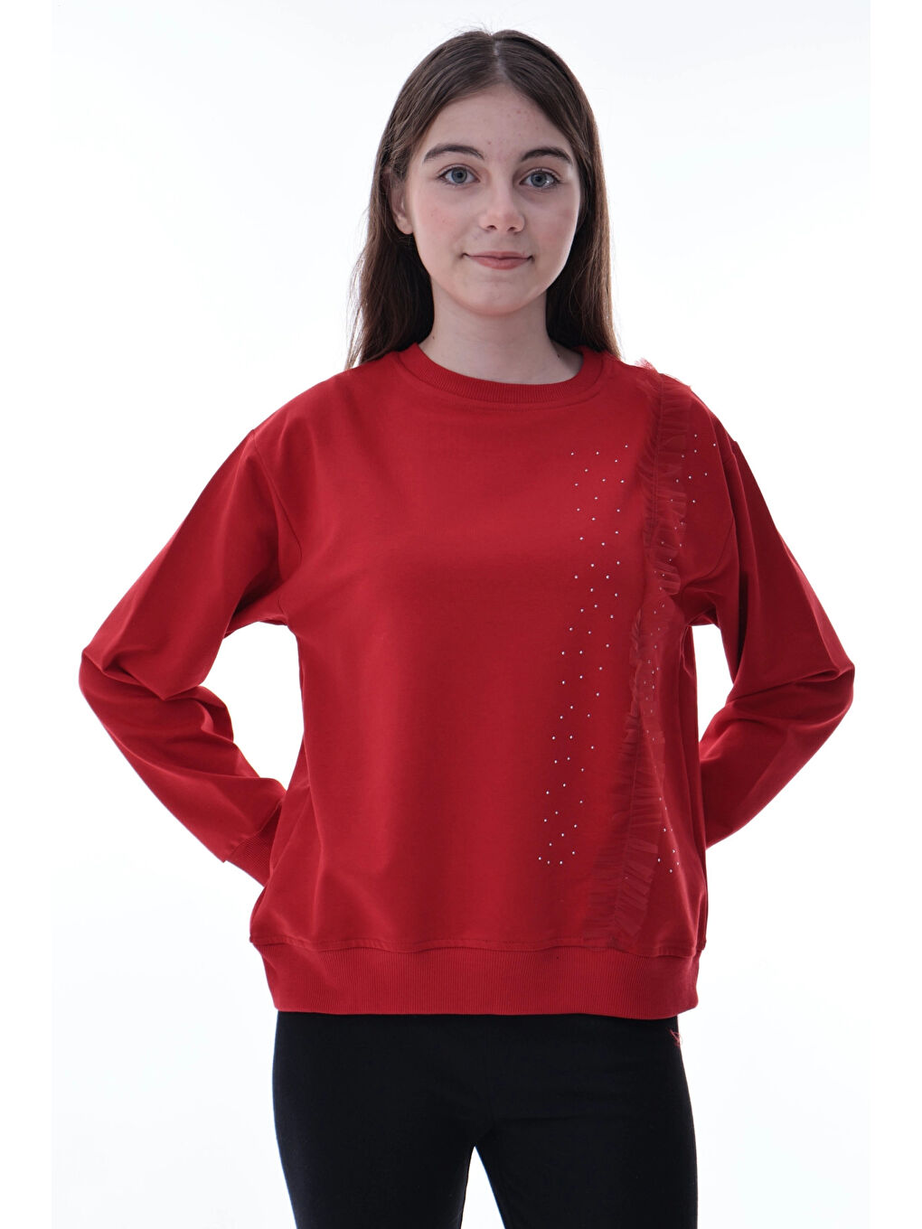Kırmızı Taş Detaylı Kız Çocuk Sweat 2011-4