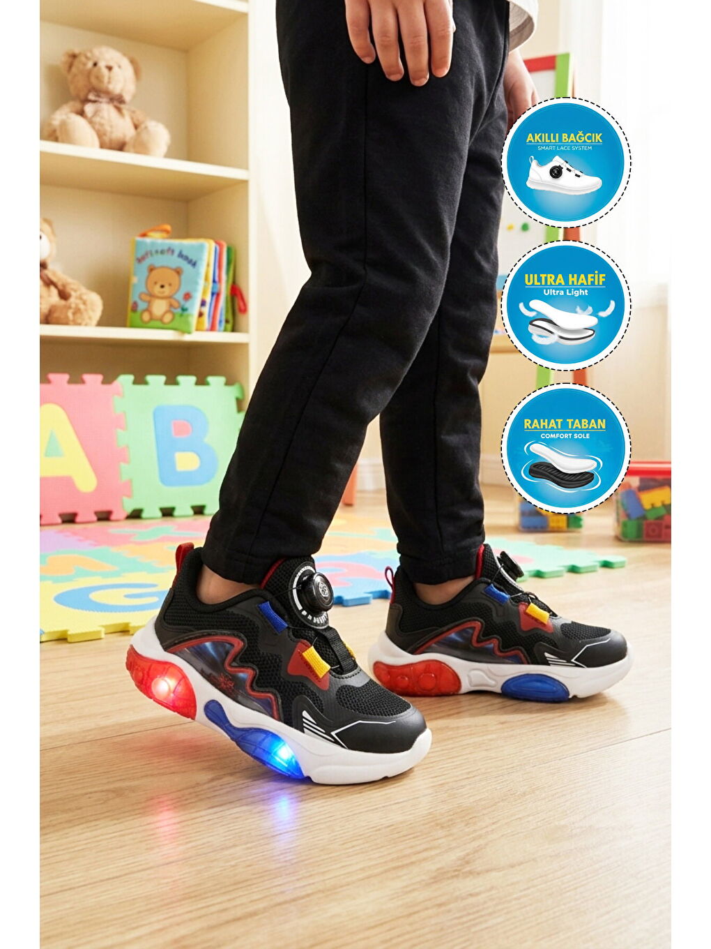 Siyah Misina Bağcıklı Işıklı Hafif Erkek Çocuk Spor Ayakkabı Remy P-2