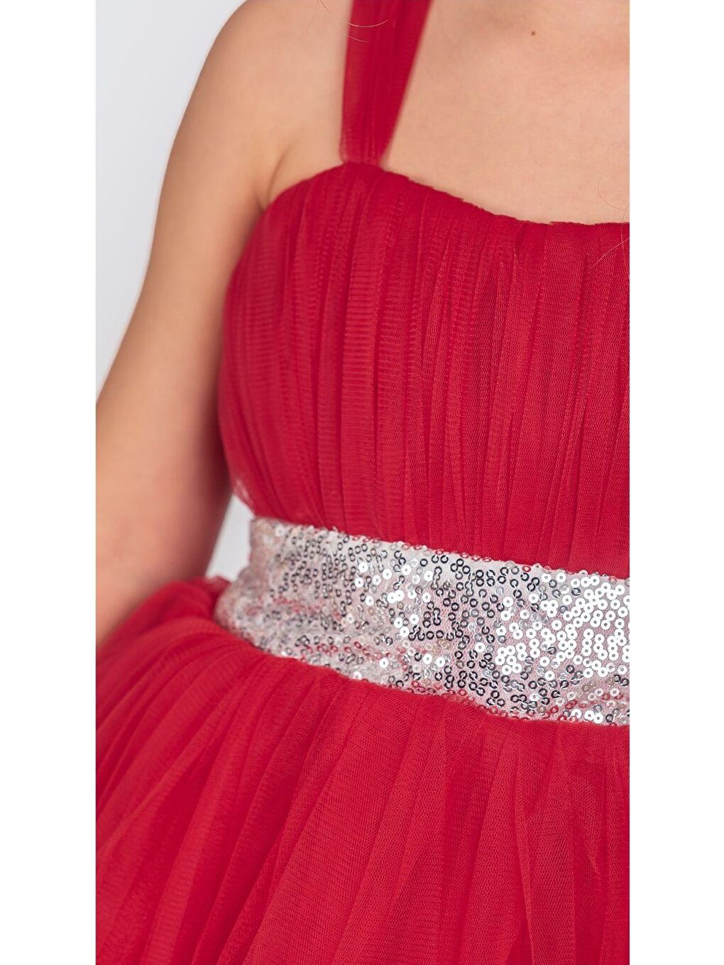 Kırmızı Sırt Gipeli Tütü Etek Kız Çocuk Saten Parti Abiye Elbise-3