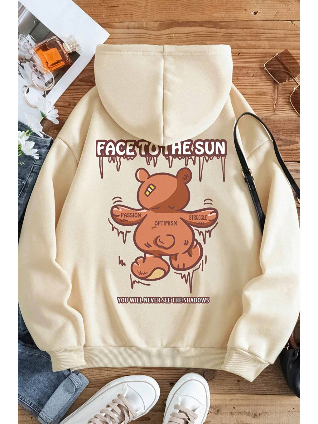 uyguntarz Bej Unisex Face To The Sun Baskılı Sweatshirt - 1