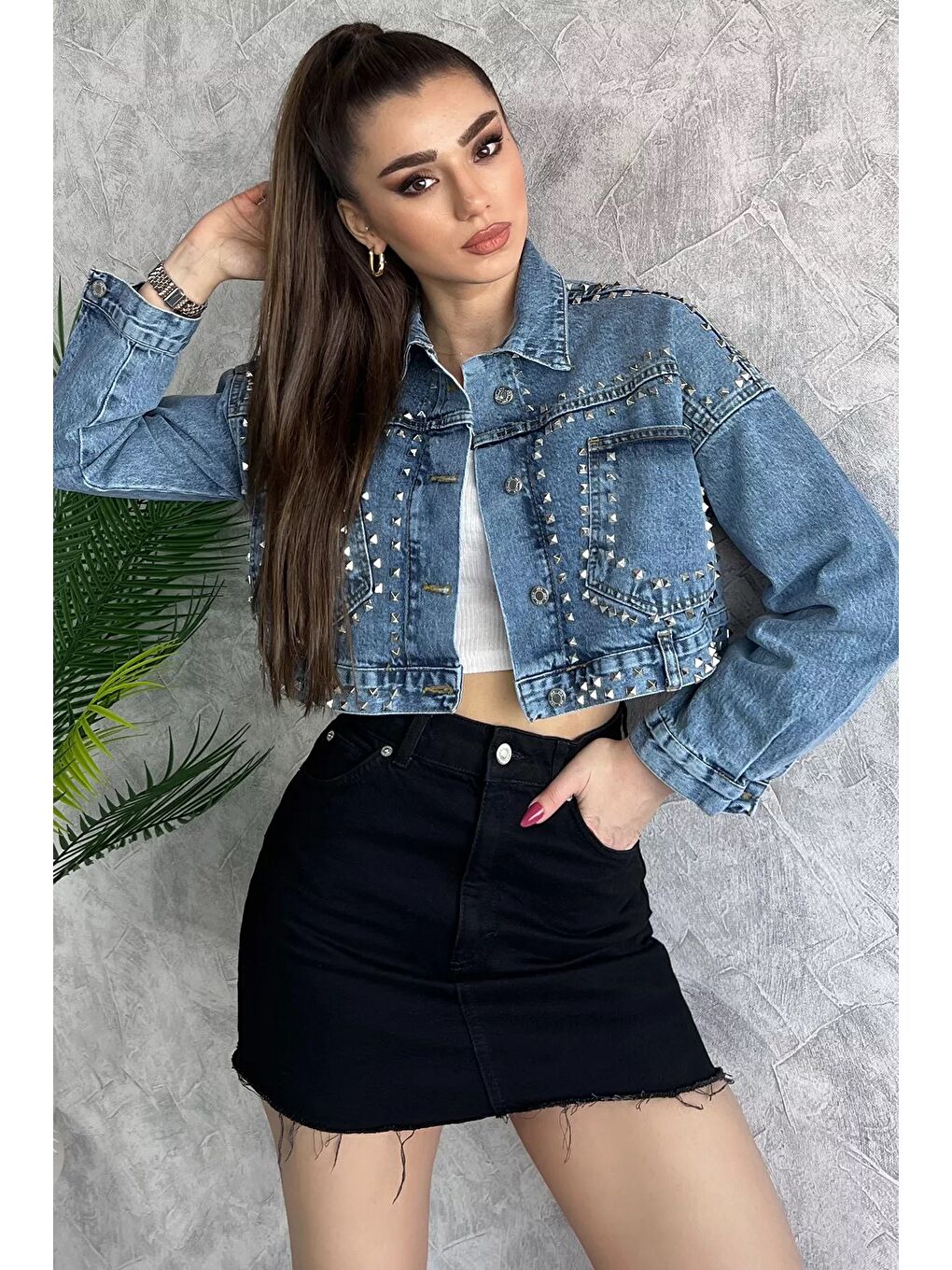 GÜLSELİ Mavi Droplu Crop Top Jean Jean Ceket